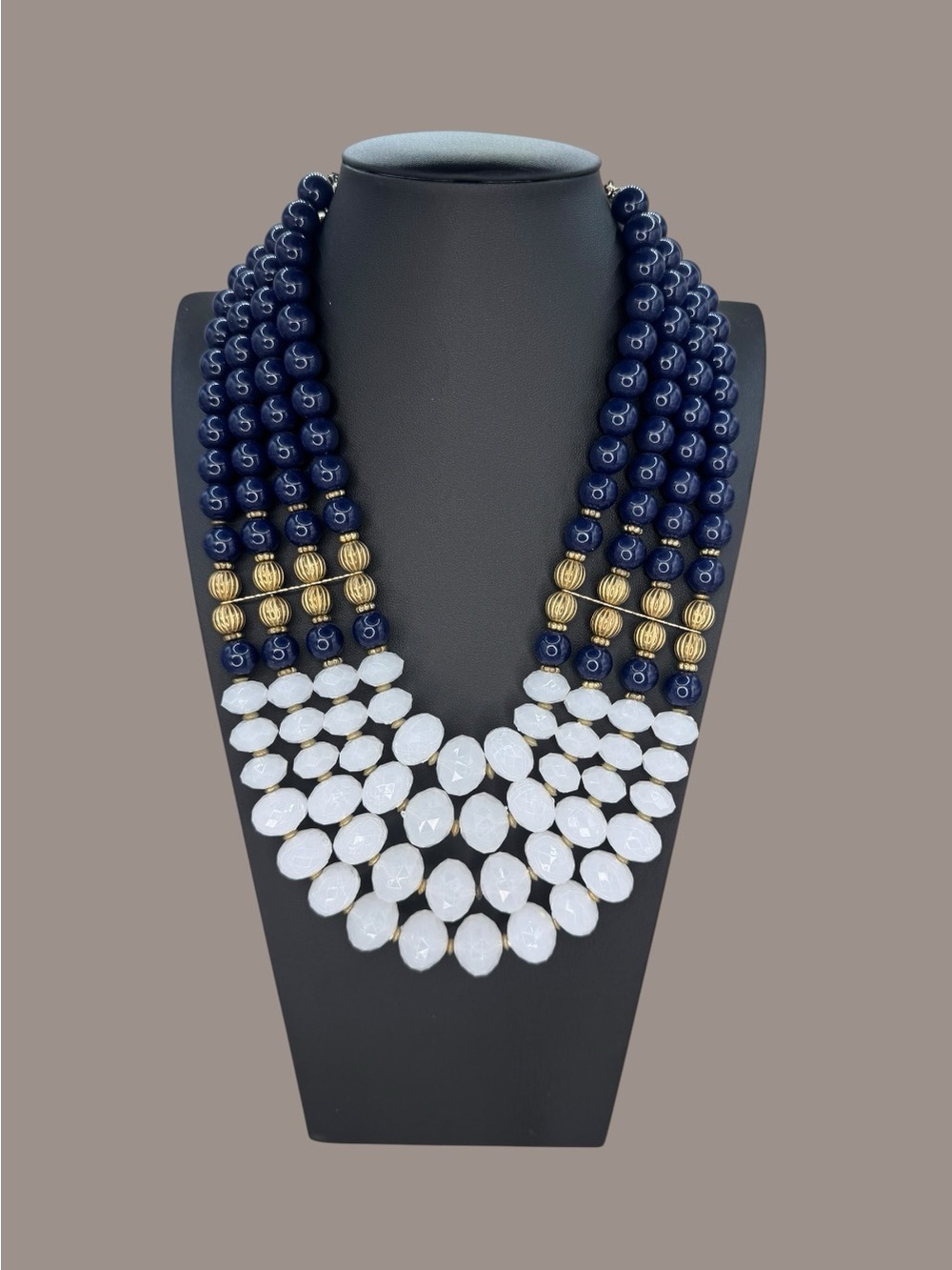 Vintage Multi-Strand Navy Blue & White Beaded Statement Necklace Gold Tone Accen